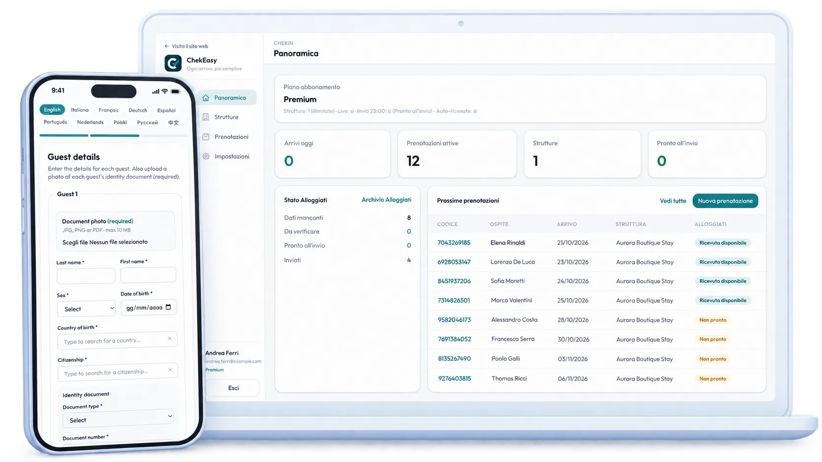 ChekEasy: check-in ospite sul telefono e console gestore sul laptop